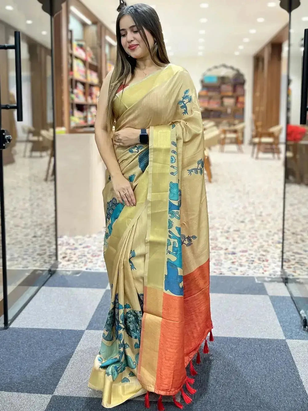 Incredible Pen Kalamkari Linen Tissue Soft Saree