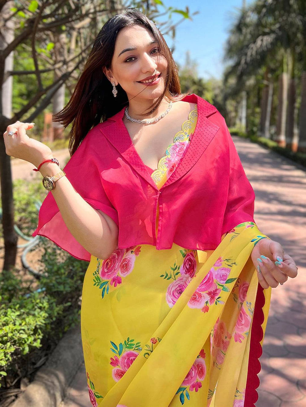 Yellow Satin Georgette Floral Print Saree