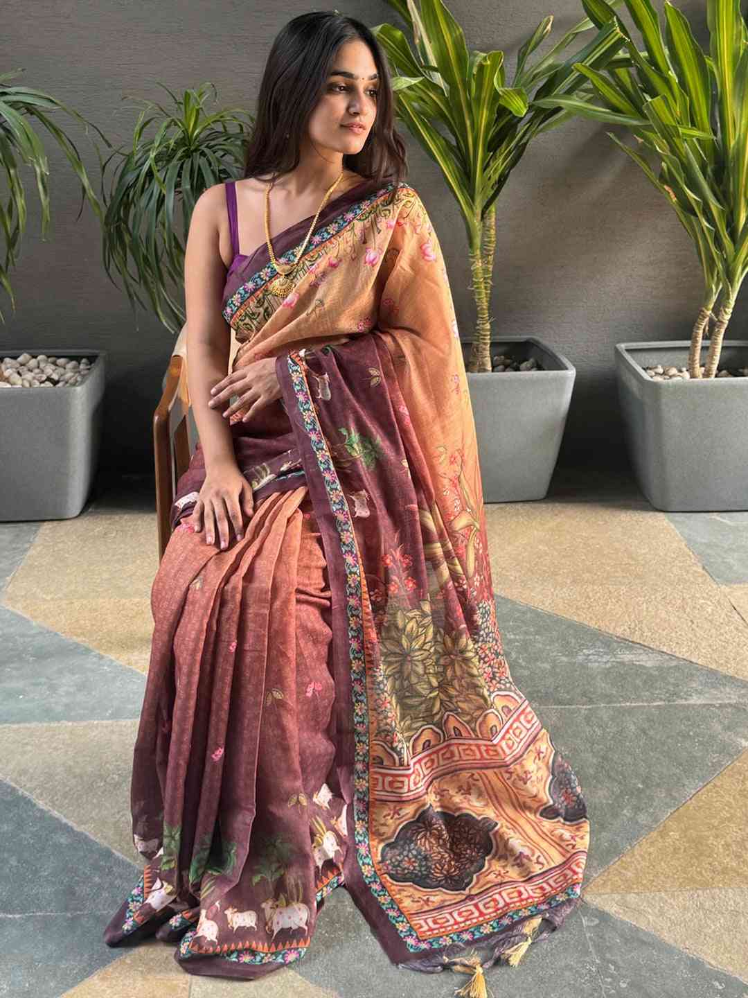 Soft Linen Ombre Pichwai Printed Wine Colour Saree