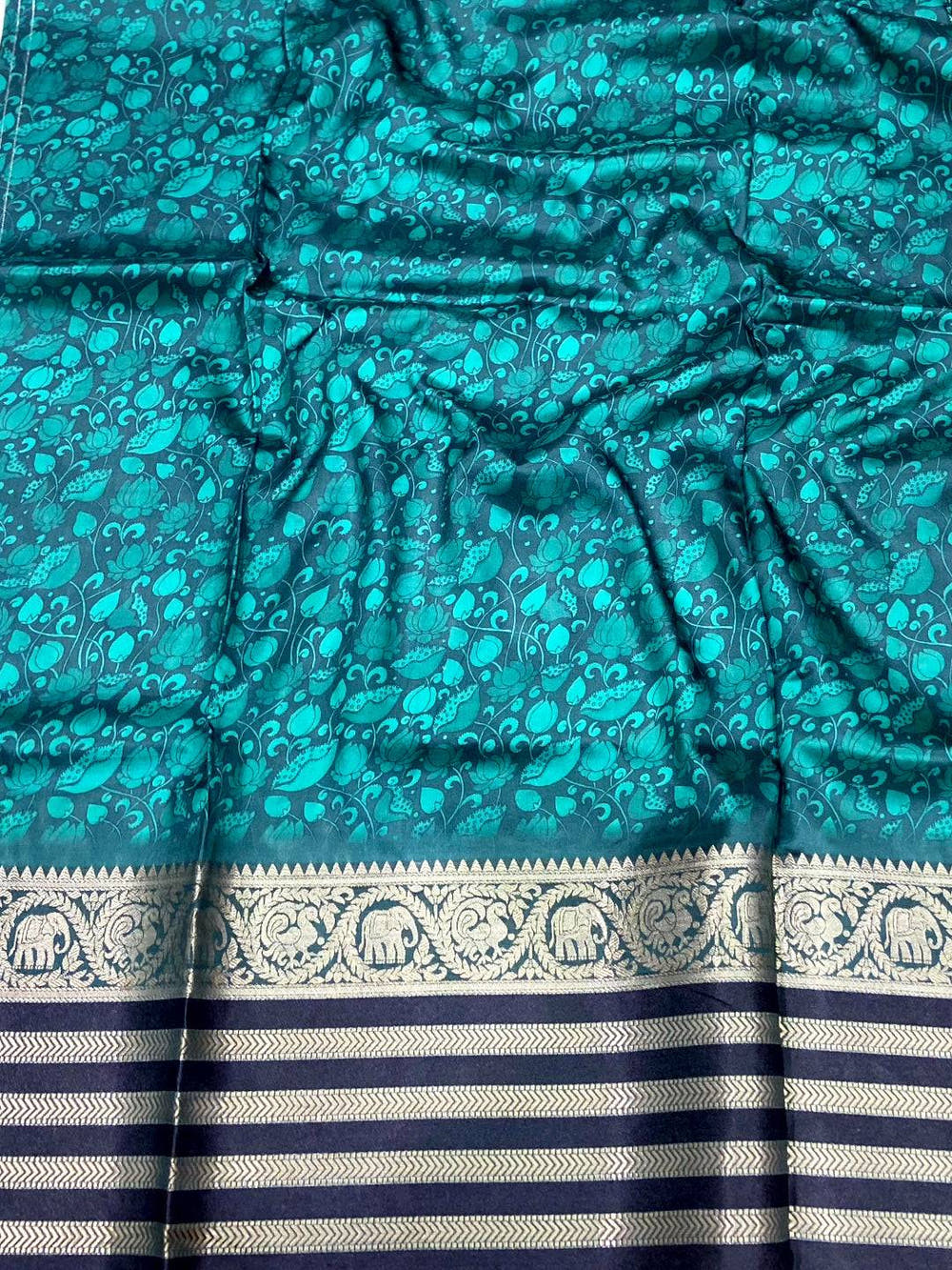 Bottle Green Kalamkari Printed Banarasi Saree