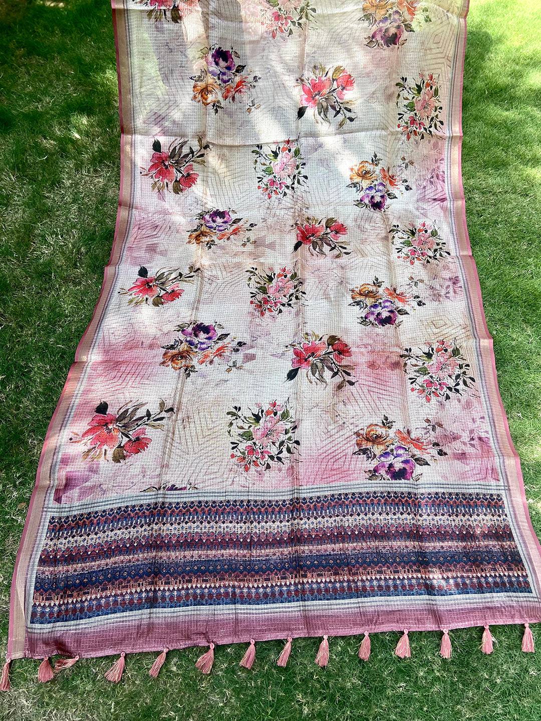 Traditional Cream Colour Soft Kota Doriya Silk Saree With Flower Print
