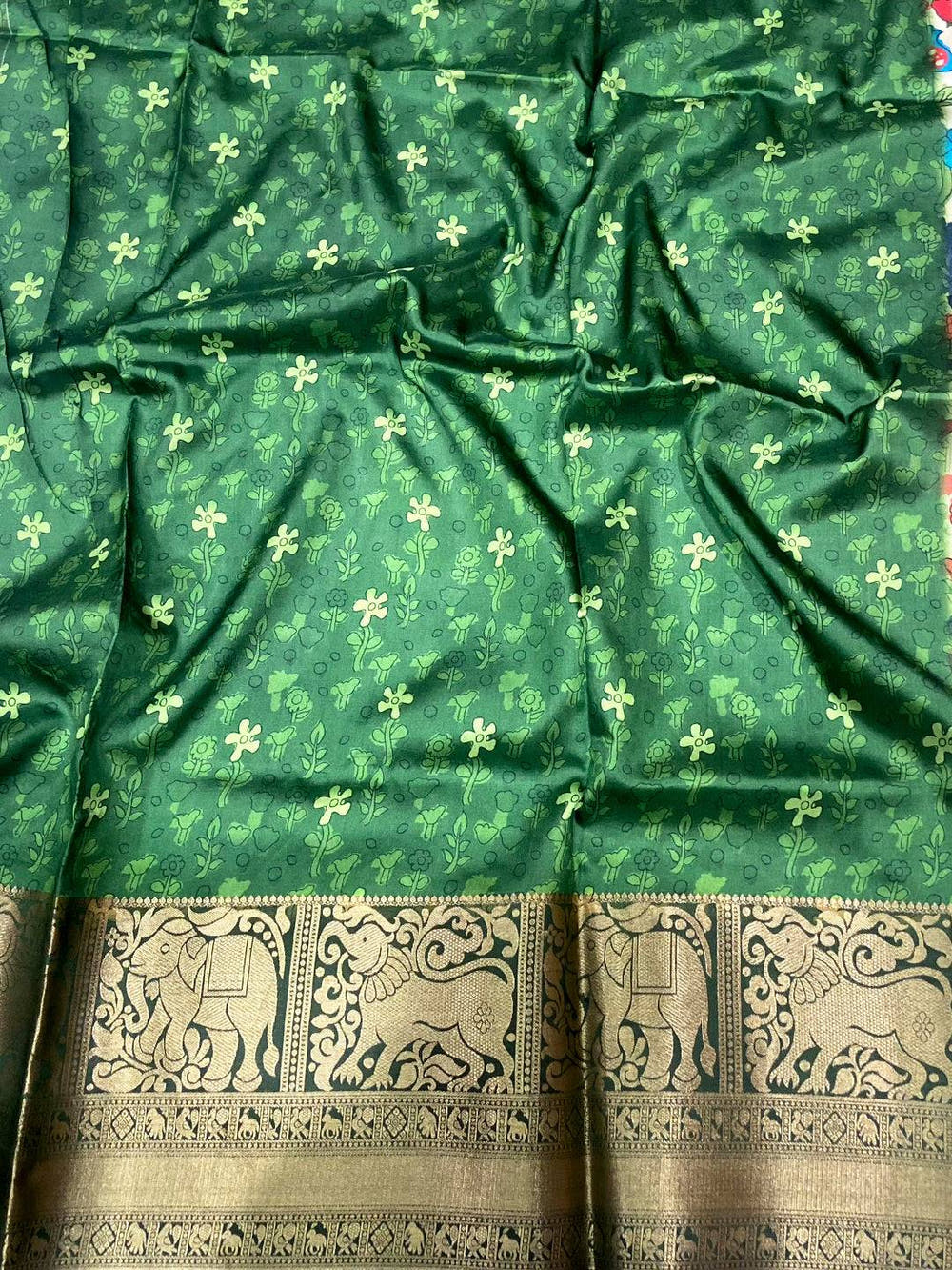Green Floral Printed Banarasi Saree
