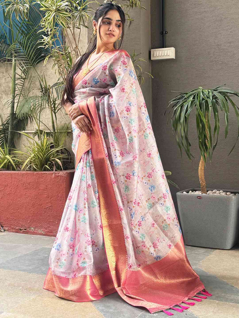 Light Pink Colour Digital Flower Print Kota Silk Saree