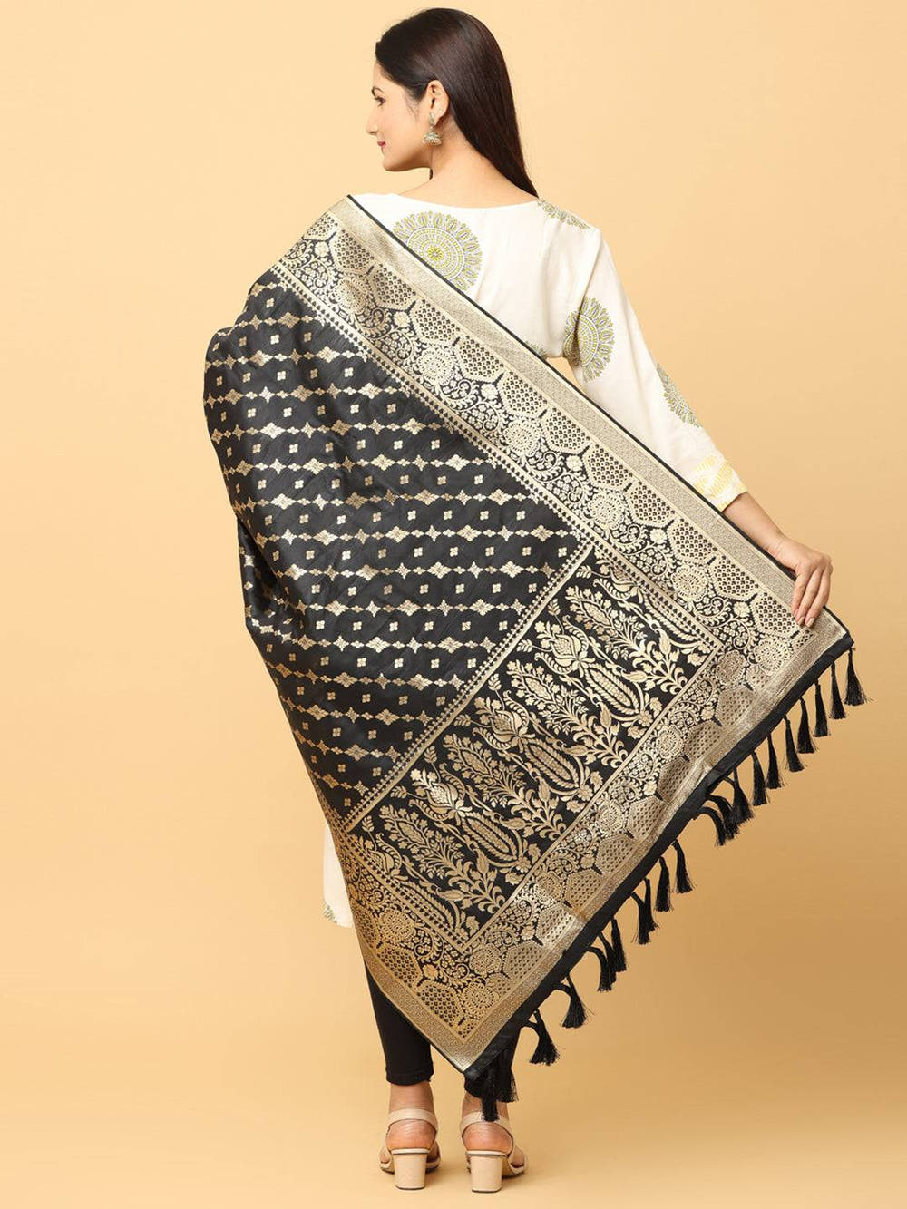 Latest Black Colour Woven Design Silk Blend Dupatta