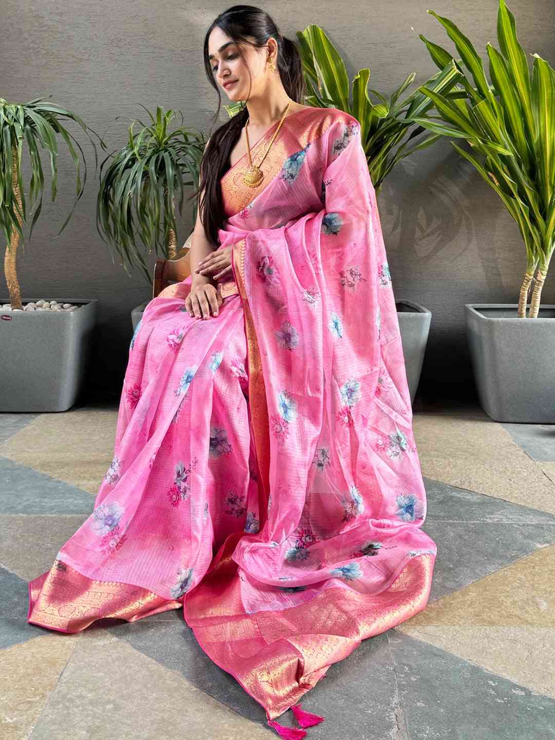 Latest Pink Colour Digital Flower Print Kota Silk Saree