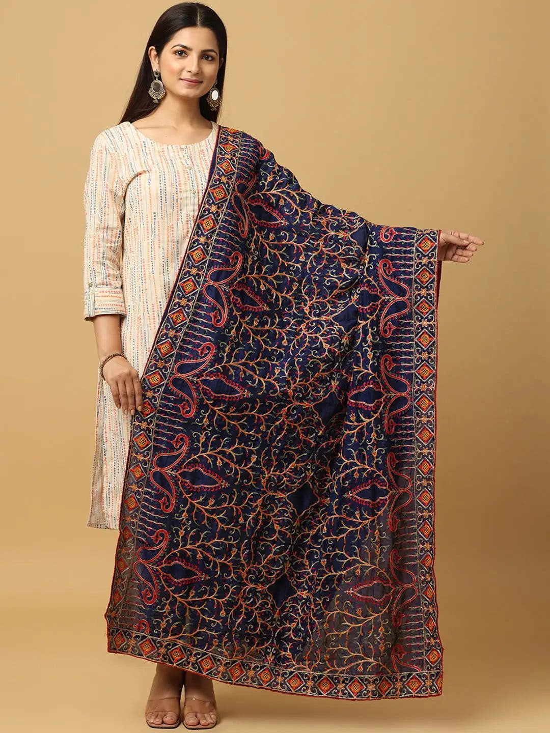 Navy Bright Multicolour Bloom Pashmina Dupatta