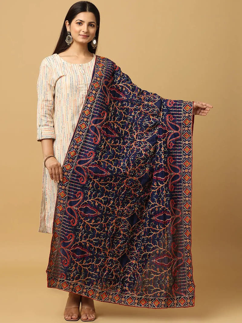 Navy Bright Multicolour Bloom Pashmina Dupatta