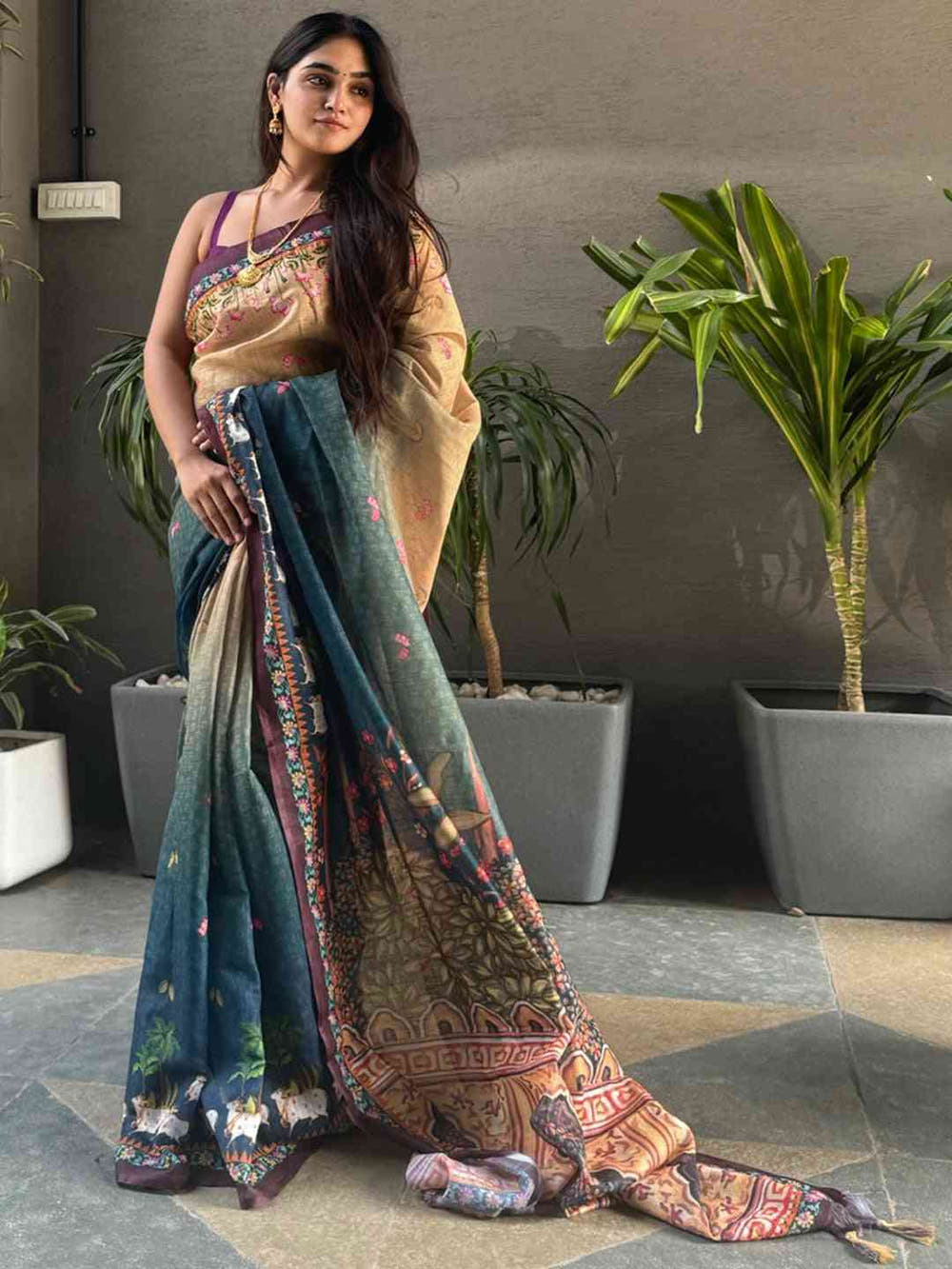 Soft Linen Ombre Pichwai Printed Turquoise Colour Saree
