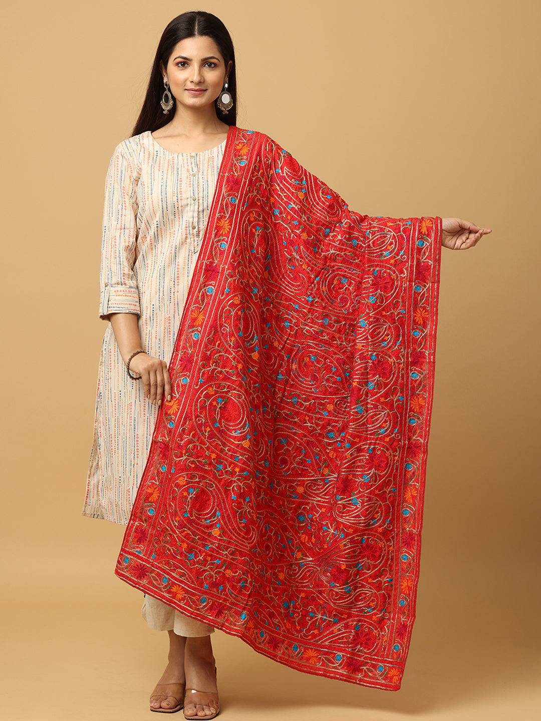 Red Floral Paisley Mix Pashmina Dupatta