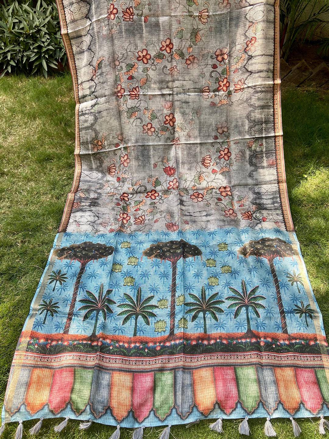 Grey Kota Doriya Silk Saree With Floral Print