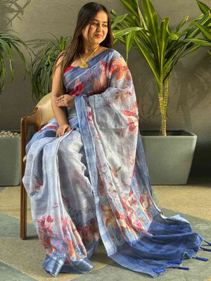 Blue Colour Traditional Self Zari Chex Weaving Floral Print Saree