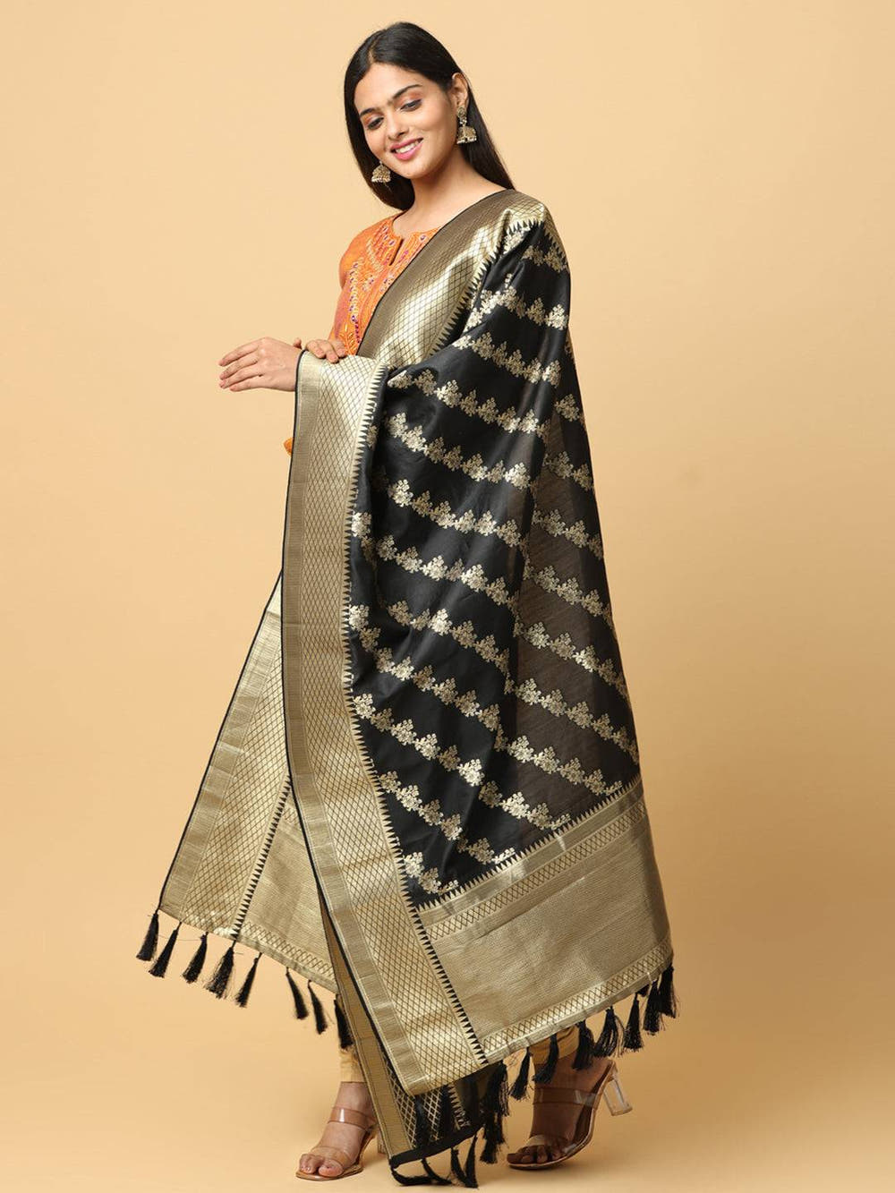 Black Colour Woven Design Dupatta