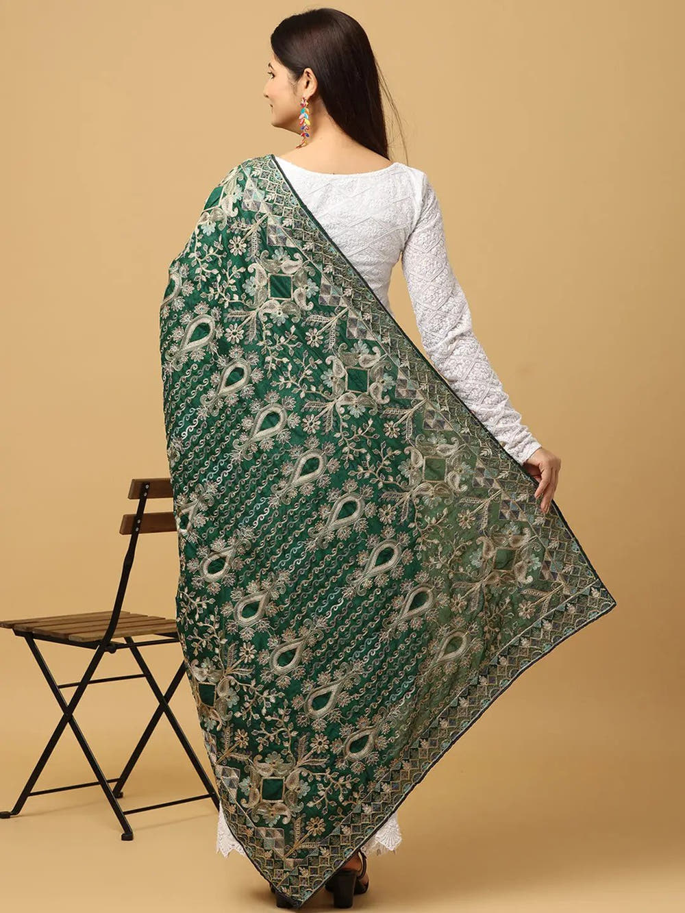 Dark Green Multicolour Floral Pashmina Dupatta