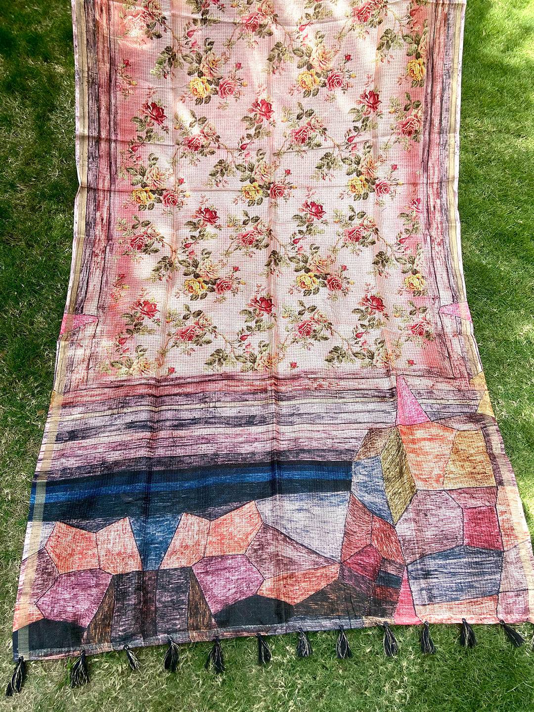 Peach Colour Soft Kota Doriya Silk Saree With Flower & abstect Prints
