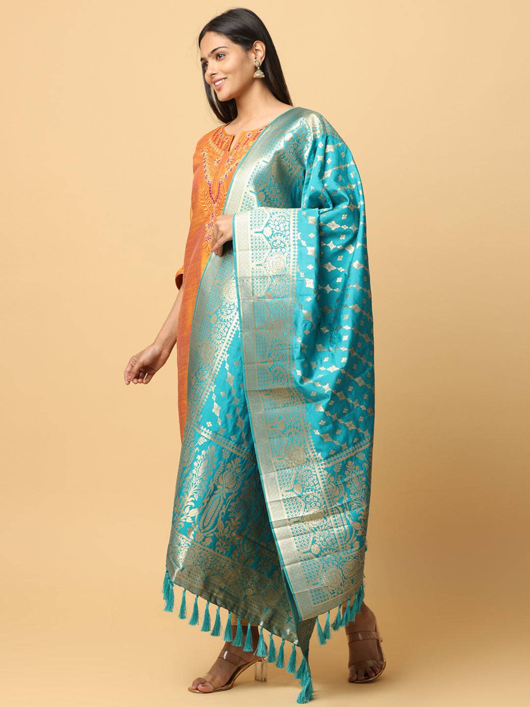 Latest Turquoise Colour Woven Design Silk Blend Dupatta