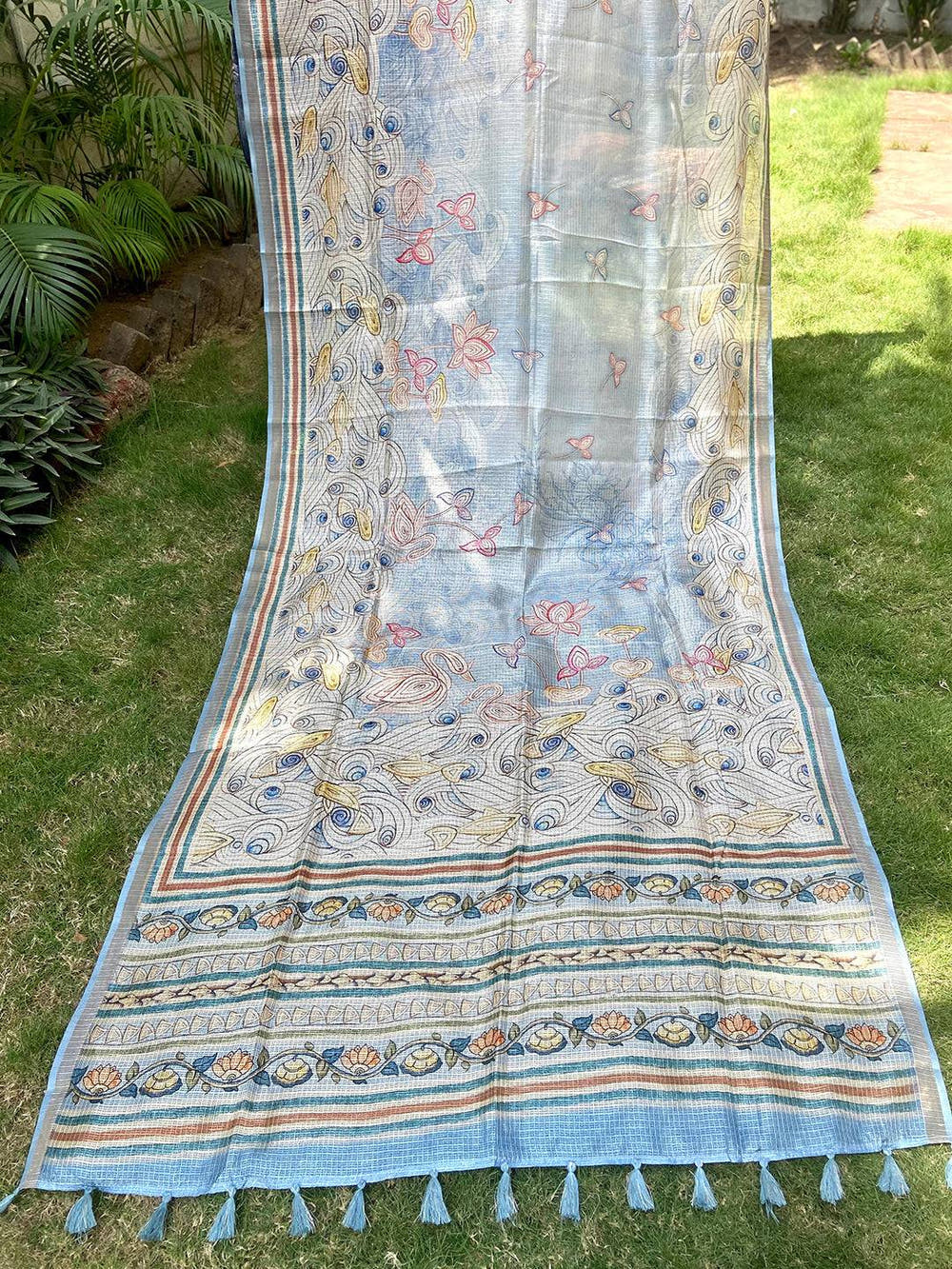 Sky Blue Soft Kota Doriya Silk Saree With Flower Kalamkari Print