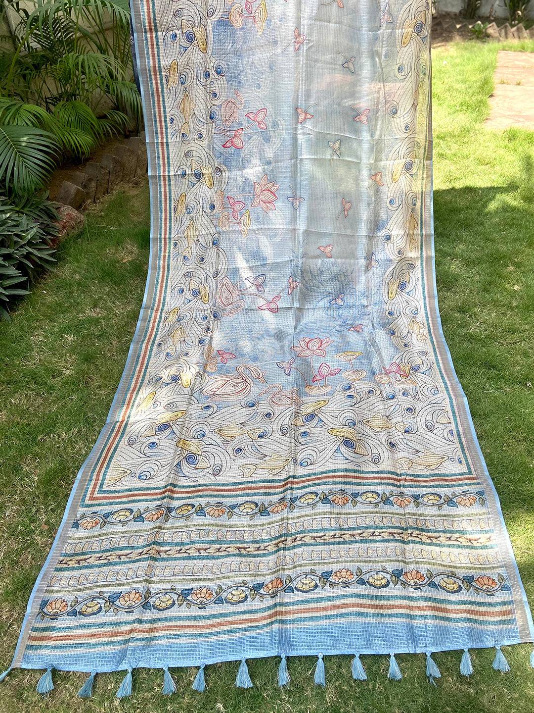 Sky Blue Soft Kota Doriya Silk Saree With Flower Kalamkari Print