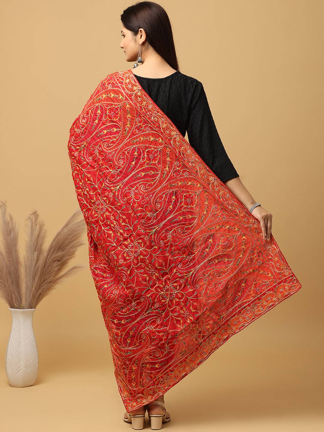 Red Orange Paisley Jaal Pashmina Dupatta