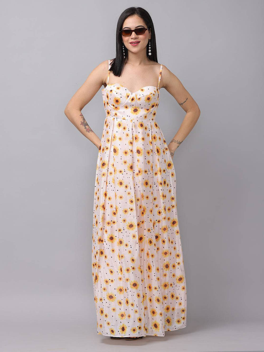 White Sunflower Printed Dress