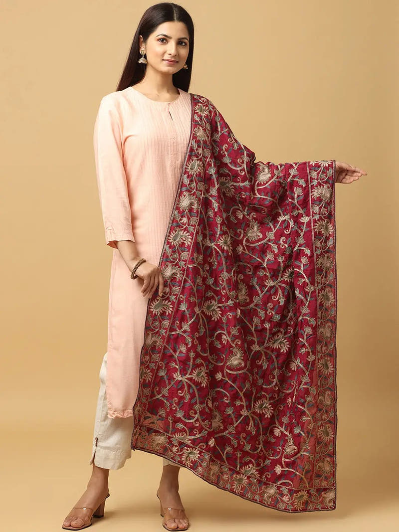 Wine Rich Floral Pashmina Dupatta