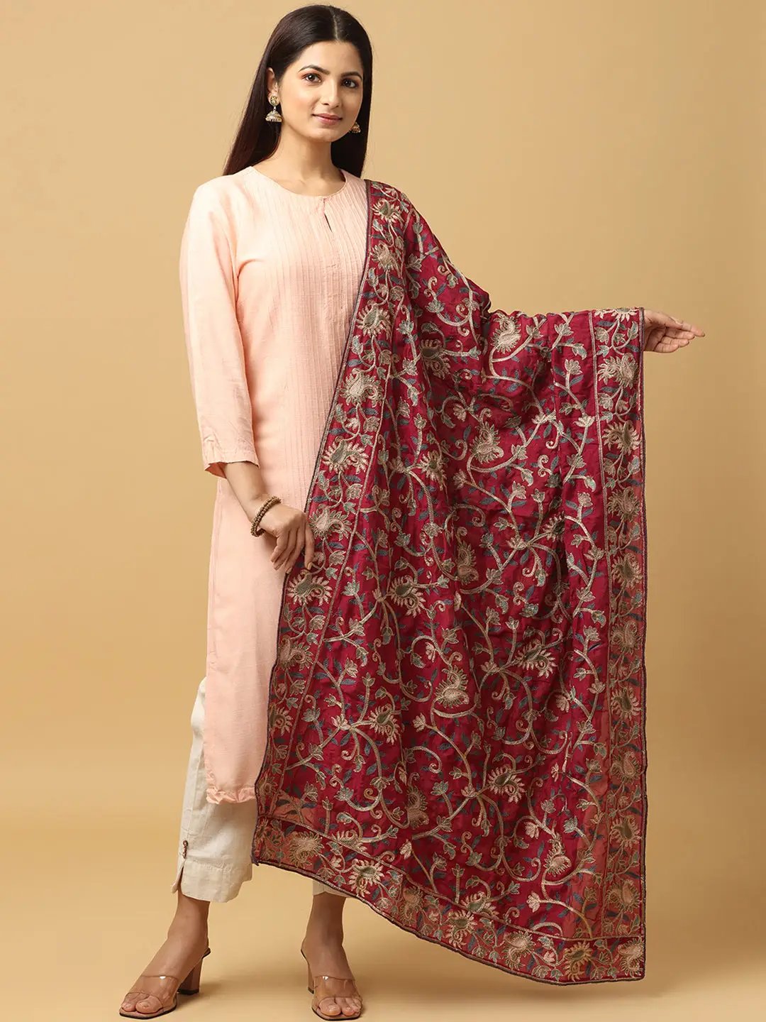 Wine Rich Floral Pashmina Dupatta