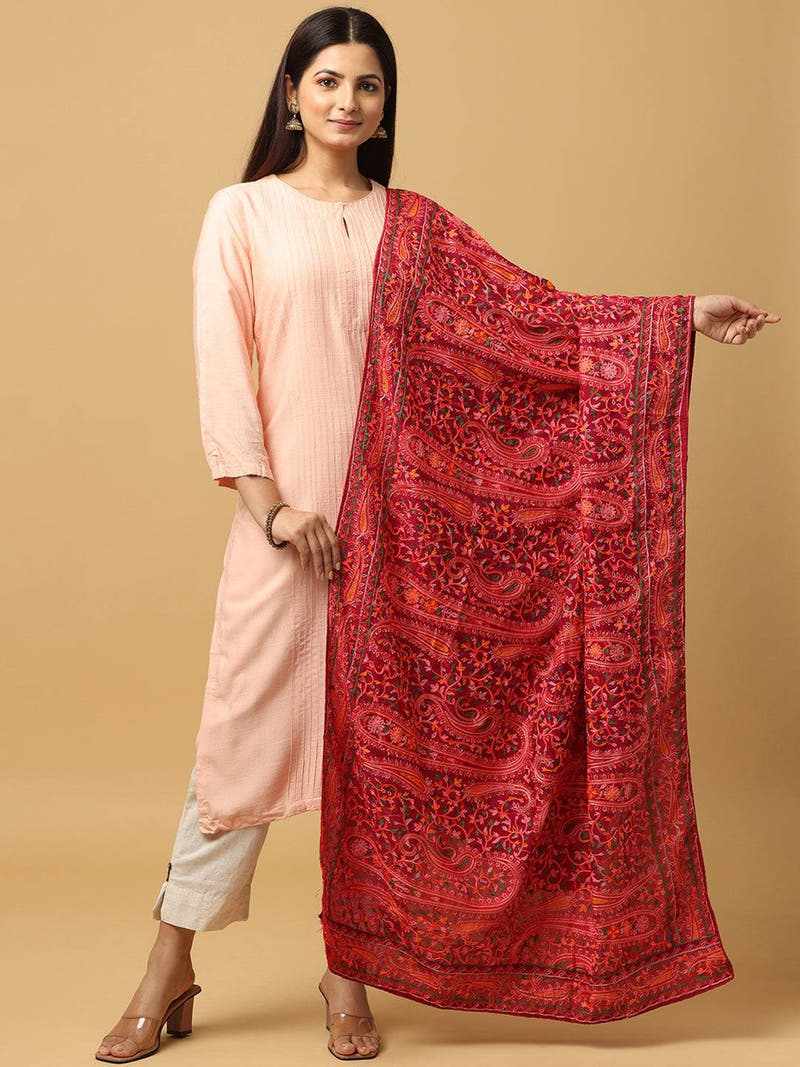 Wine Red Dense Floral Pashmina Dupatta
