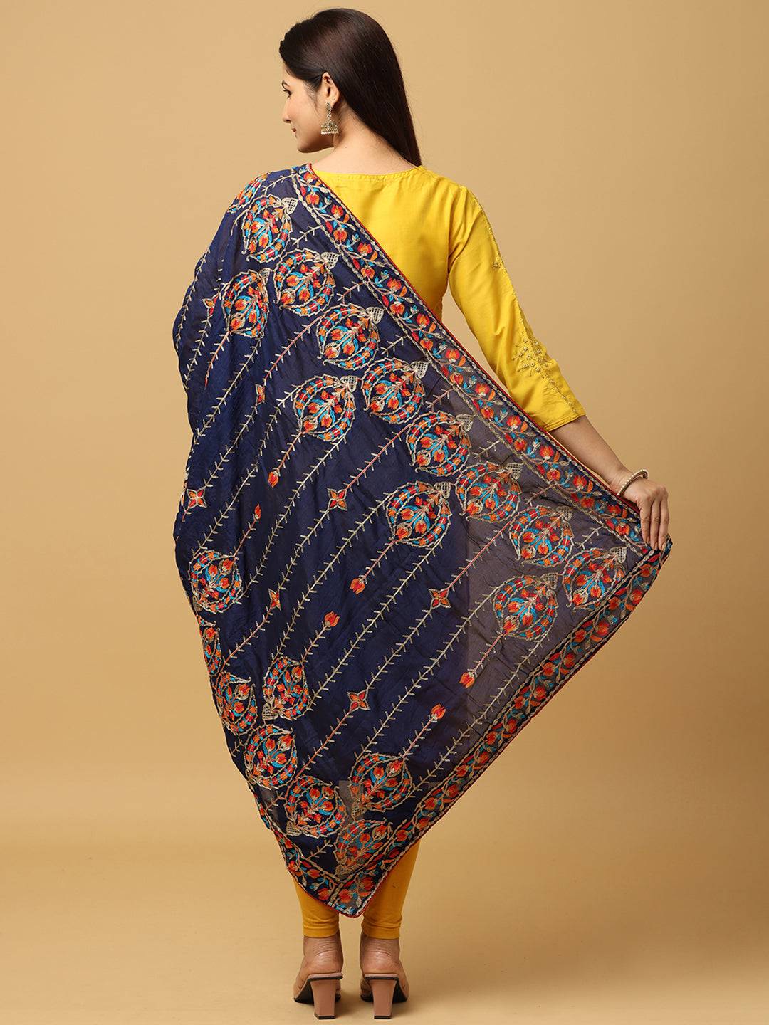 Navy Banded Stripe Pashmina Dupatta