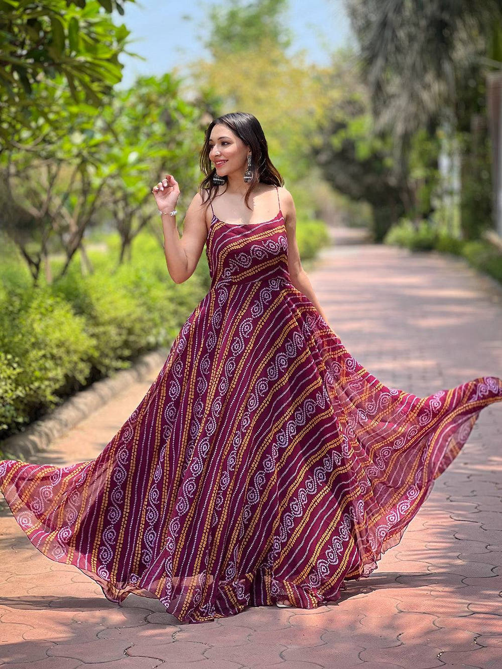 Wine Bandhej Printed Dress