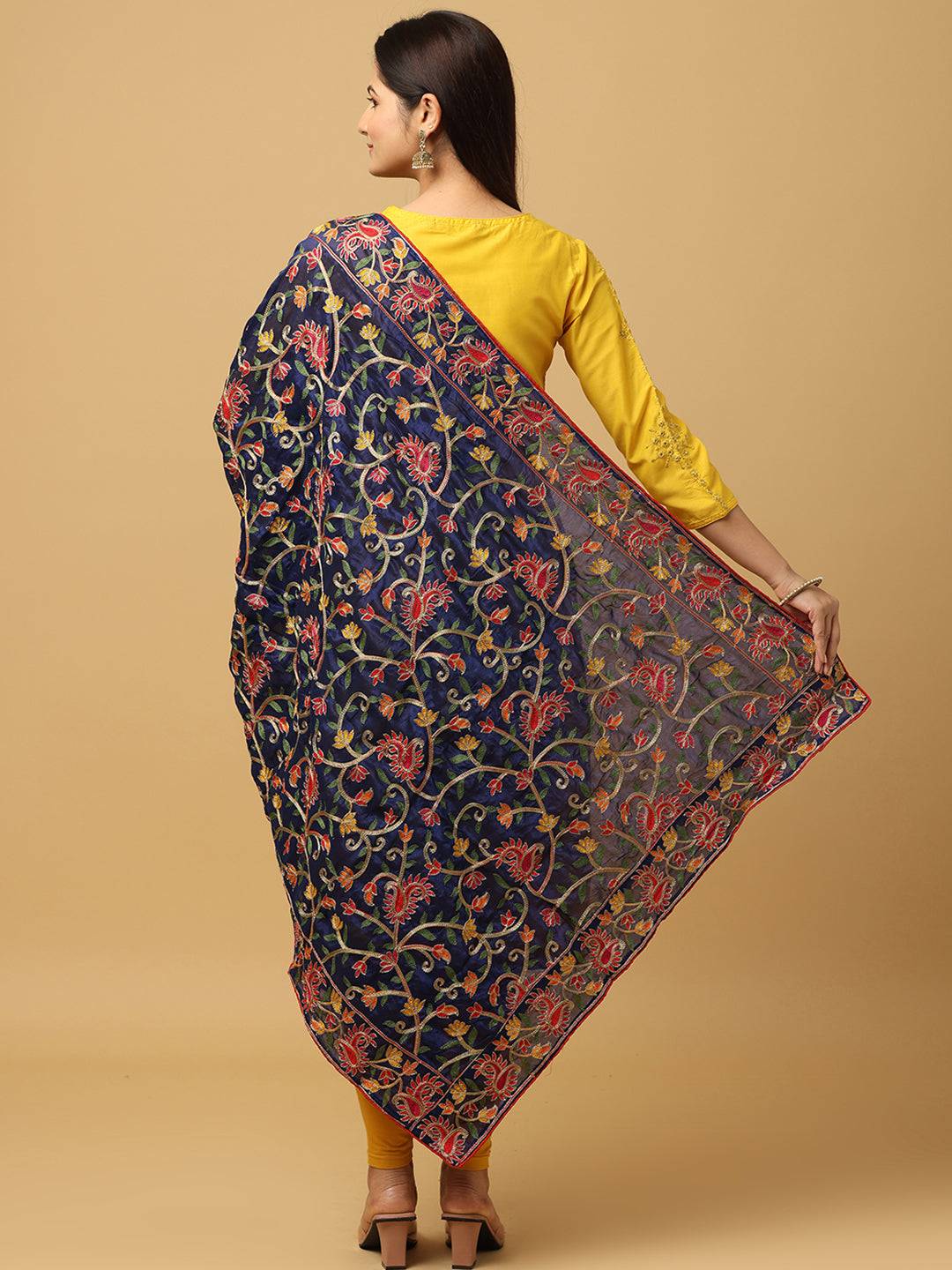 Navy Bright Floral Jaal Pashmina Dupatta