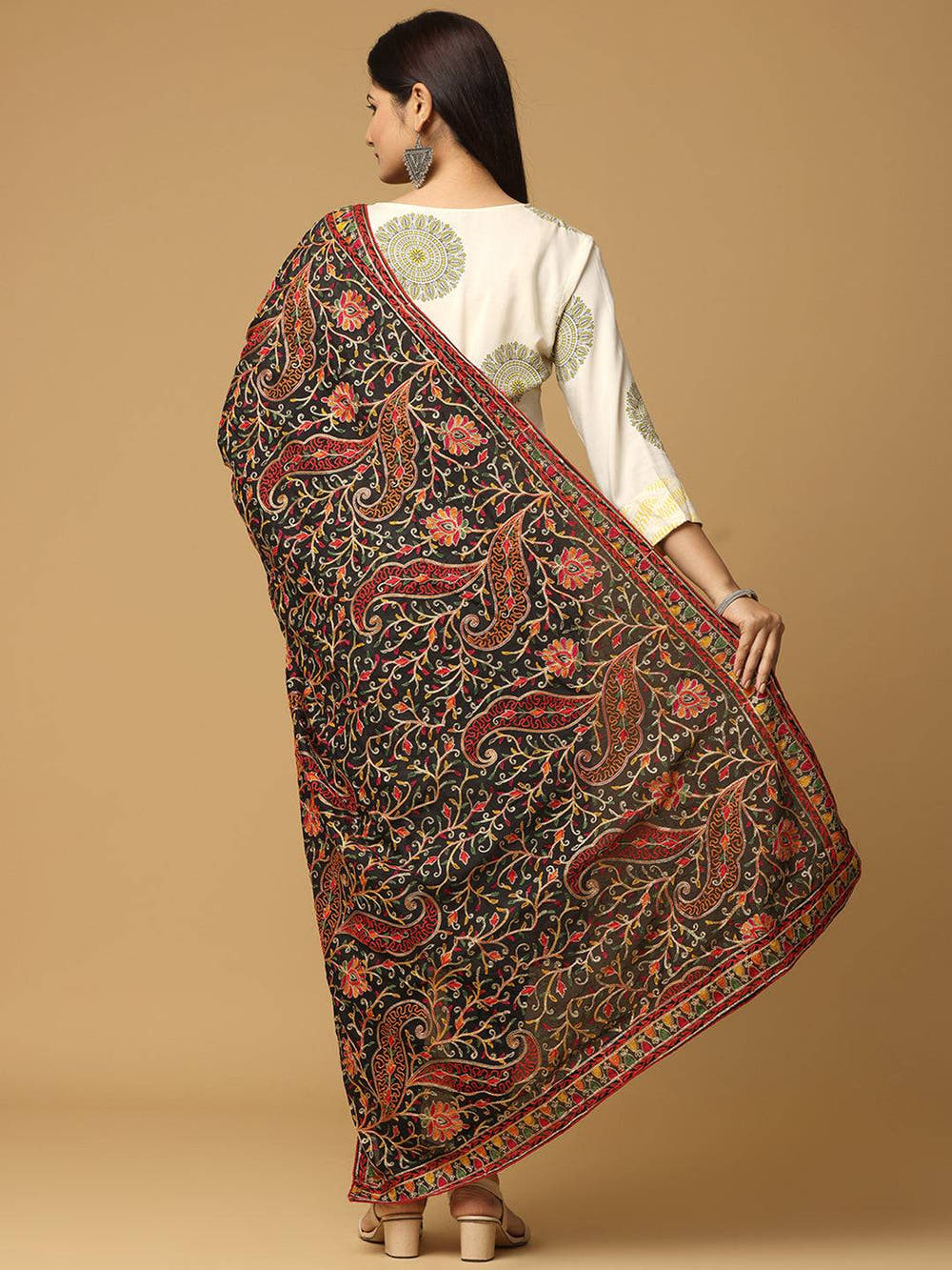 Black Bright Floral Jaal Pashmina Dupatta