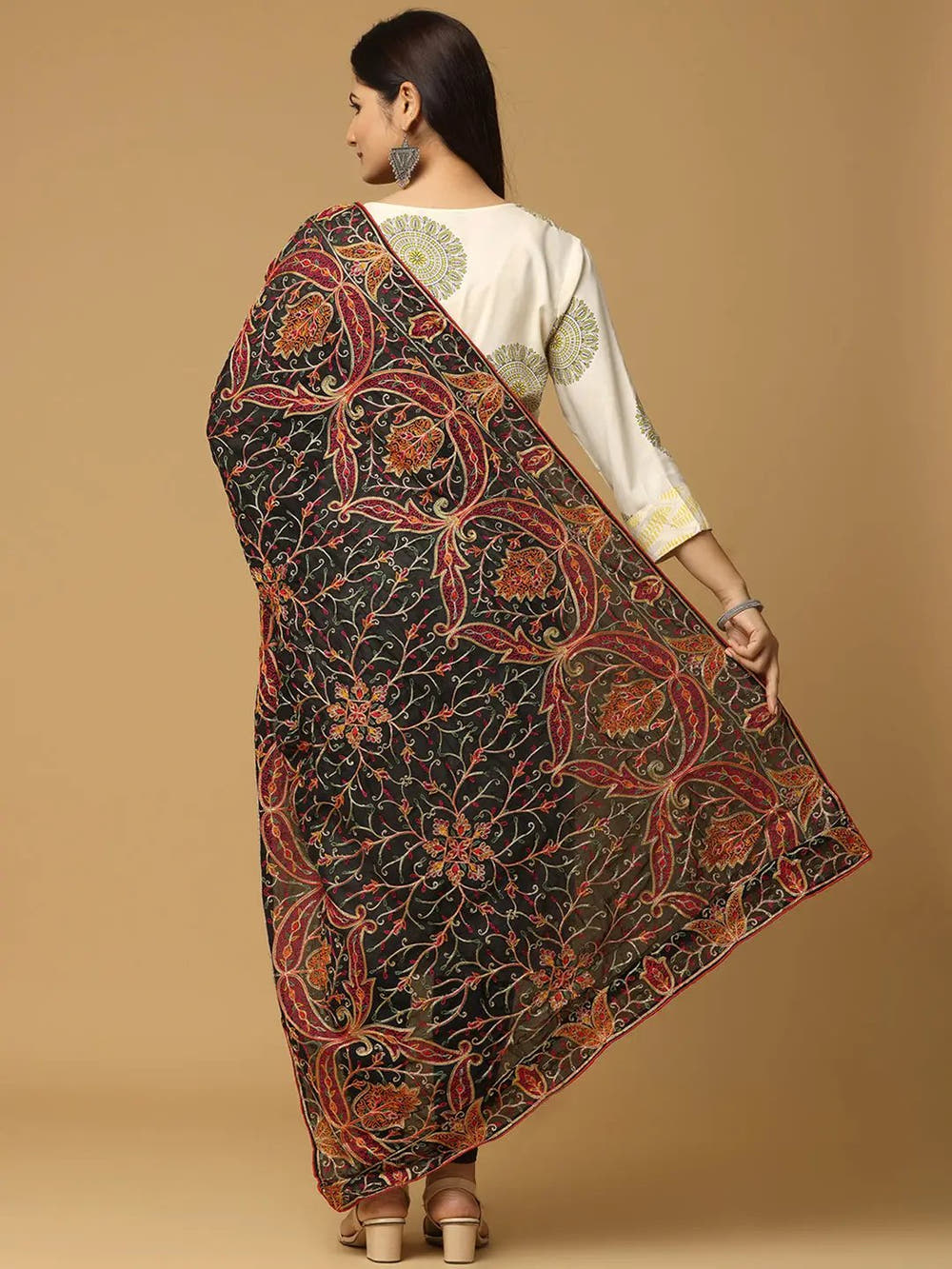 Black Brown Rust Paisley Pashmina Dupatta