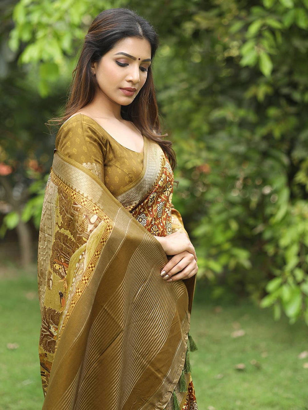 Brown Ajrak Block & Hand Kalamkari Printed Pure Viscose Dola Silk Saree - Luxe