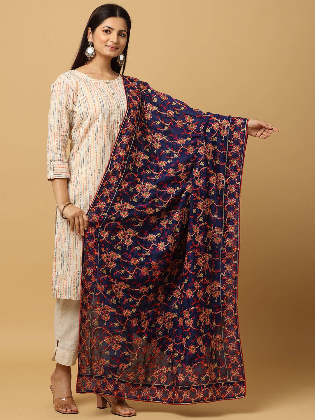 Navy Blue Base Floral Jaal Pashmina Dupatta