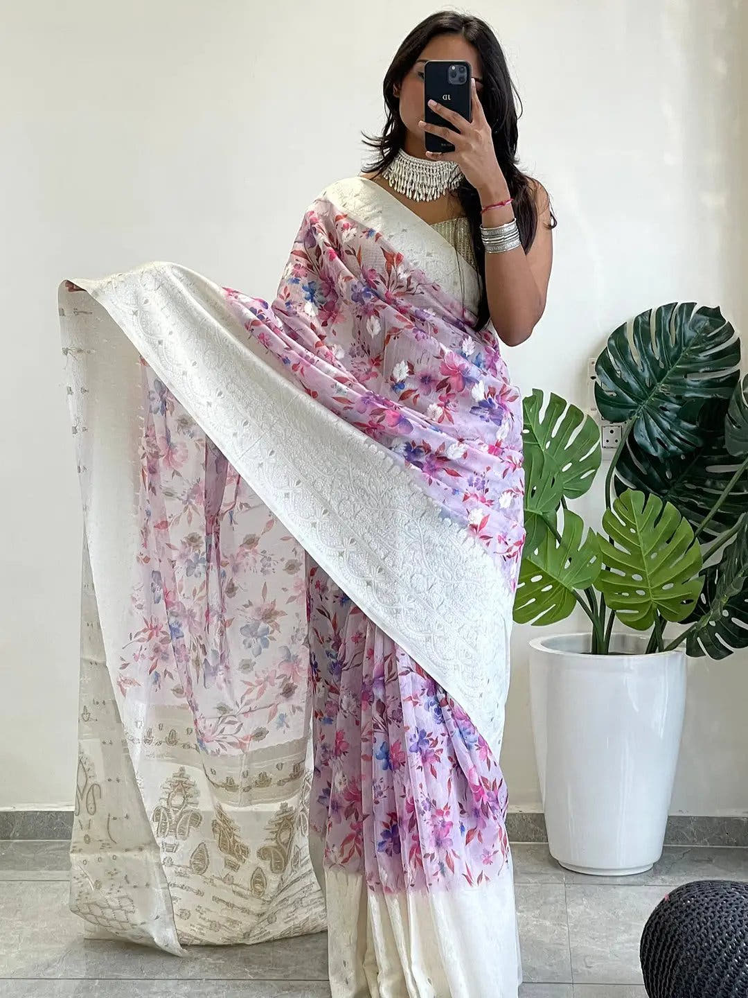 Multi Colour Digital Print Bollywood Saree in Lakhnavi Slub Pattern