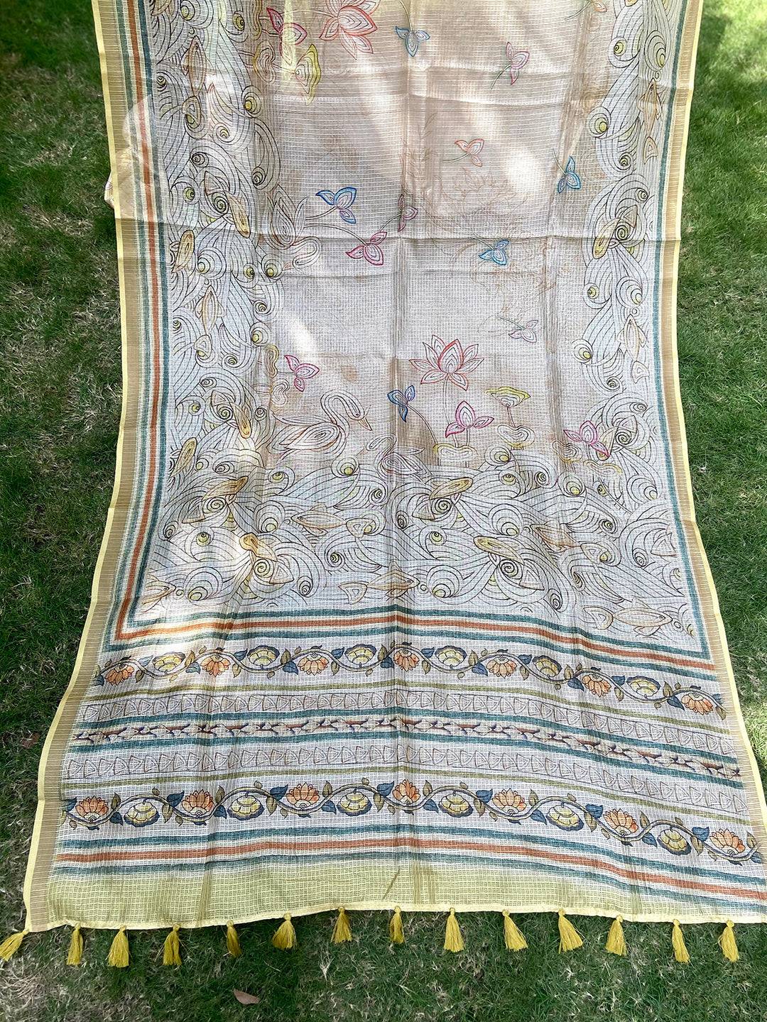 Yellow Soft Kota Doriya Silk Saree With Flower Kalamkari Print