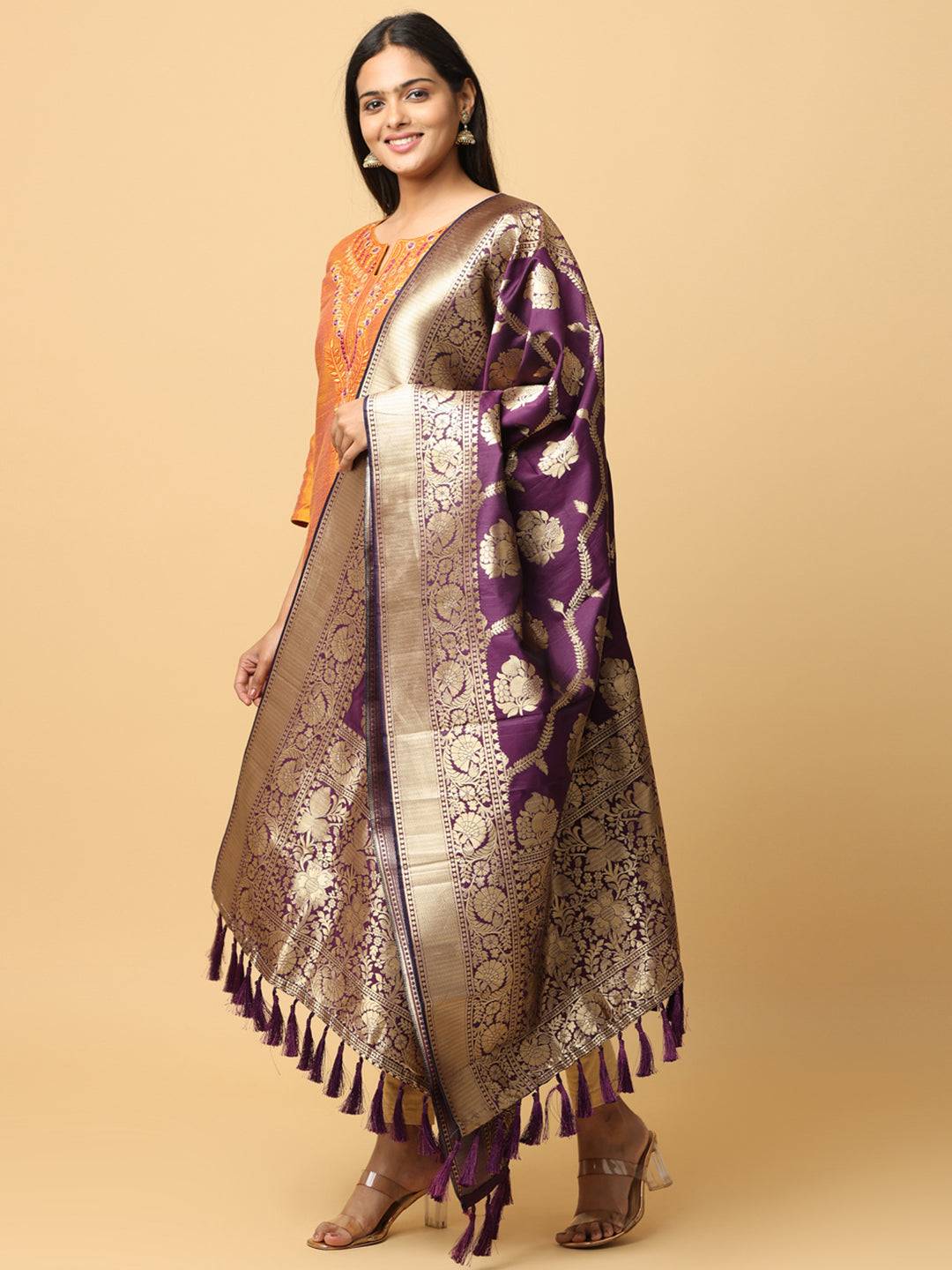 Wine Silk Blend Woven Design Dupatta