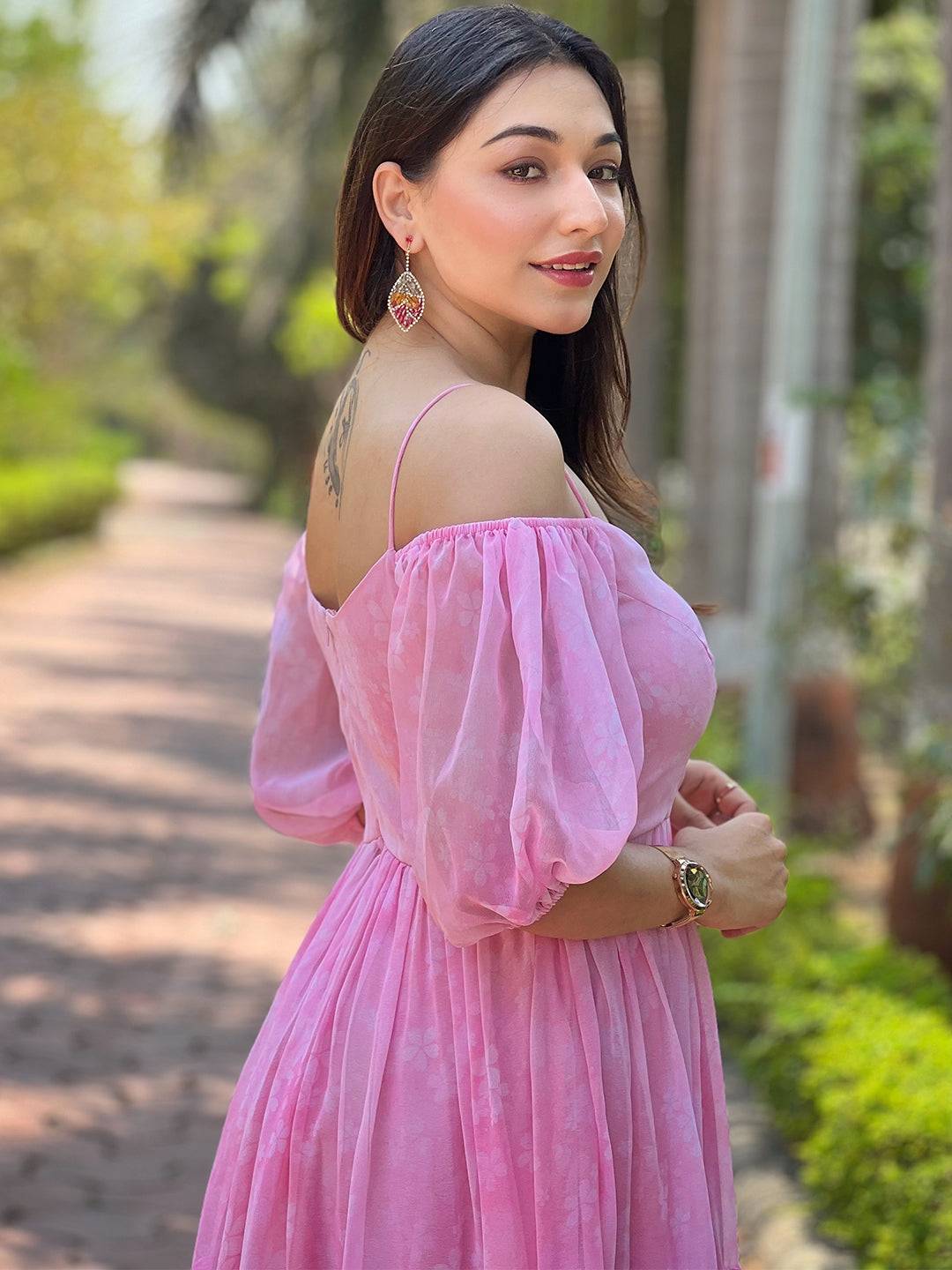 Rose Pink Floral Printed Dress