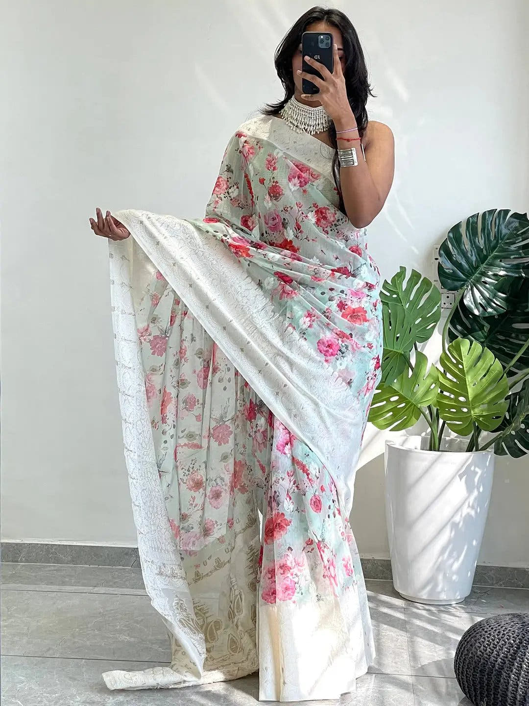 Multi Colour Digital Print Bollywood Saree in Lakhnavi Slub Pattern