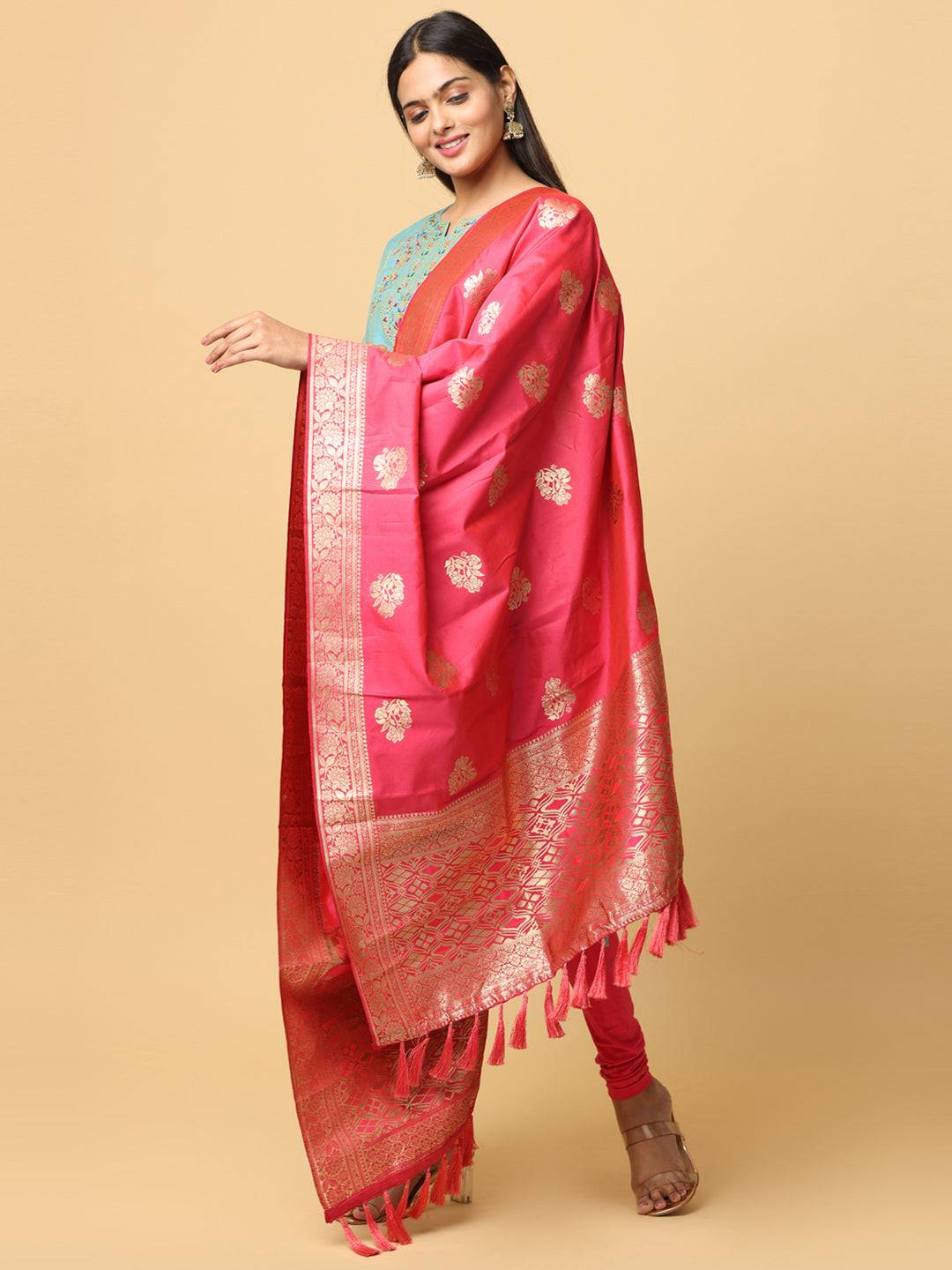 Pink Silk Blend Woven Design Dupatta