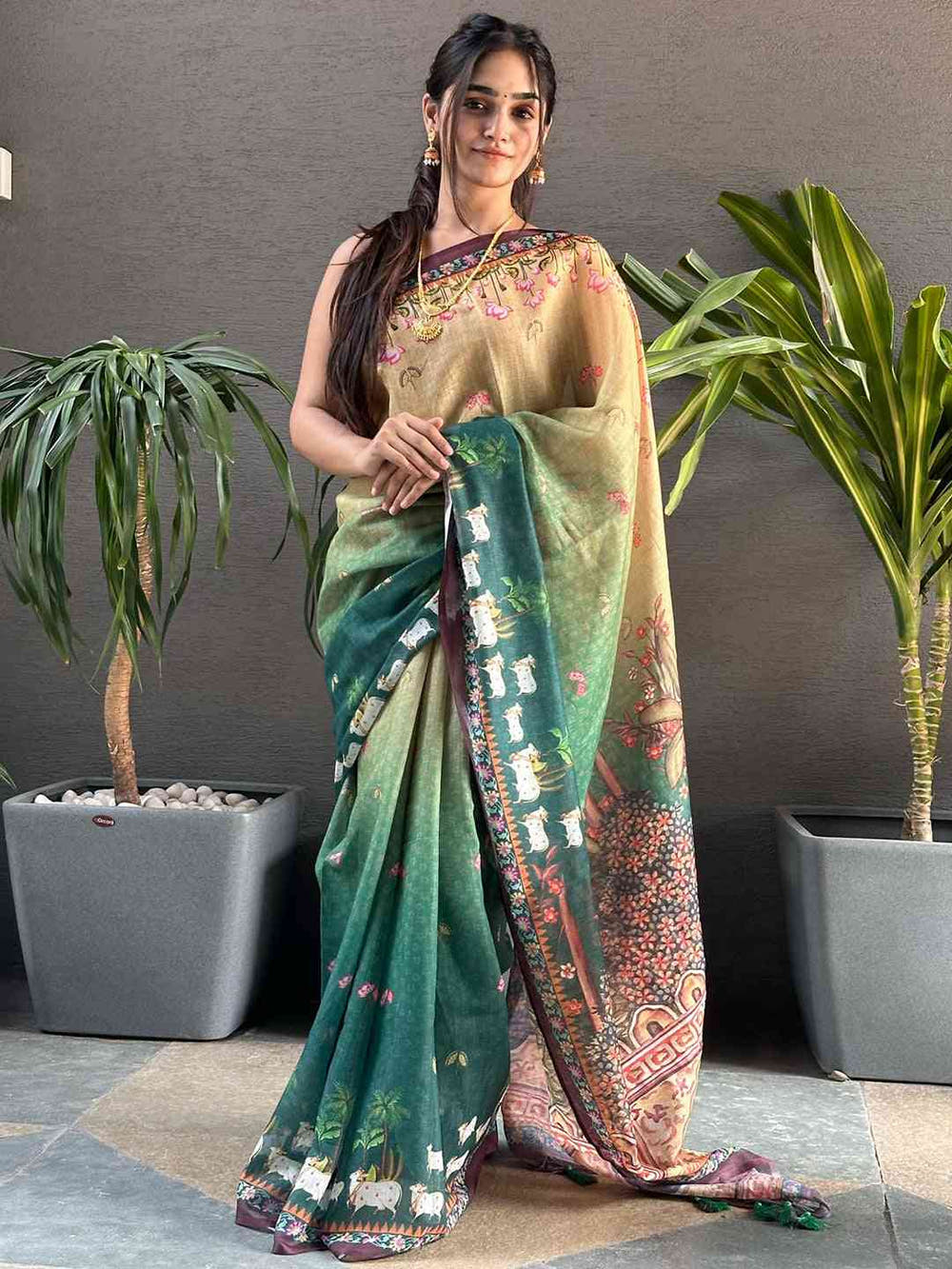 Soft Linen Ombre Pichwai Printed Green Colour Saree