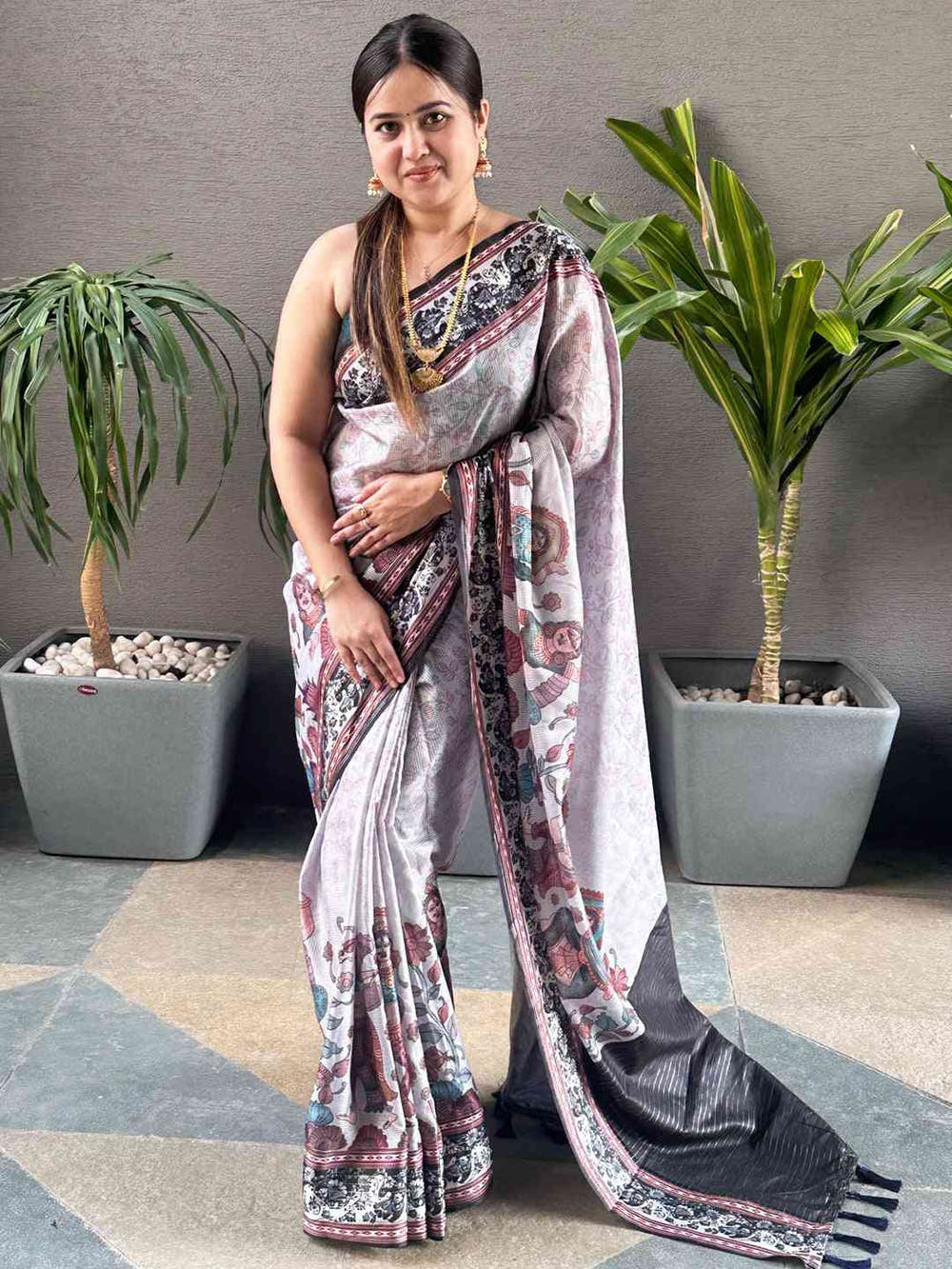 Grey Colour Satin Kota Doria Digital Kalamkari Zari Pallu