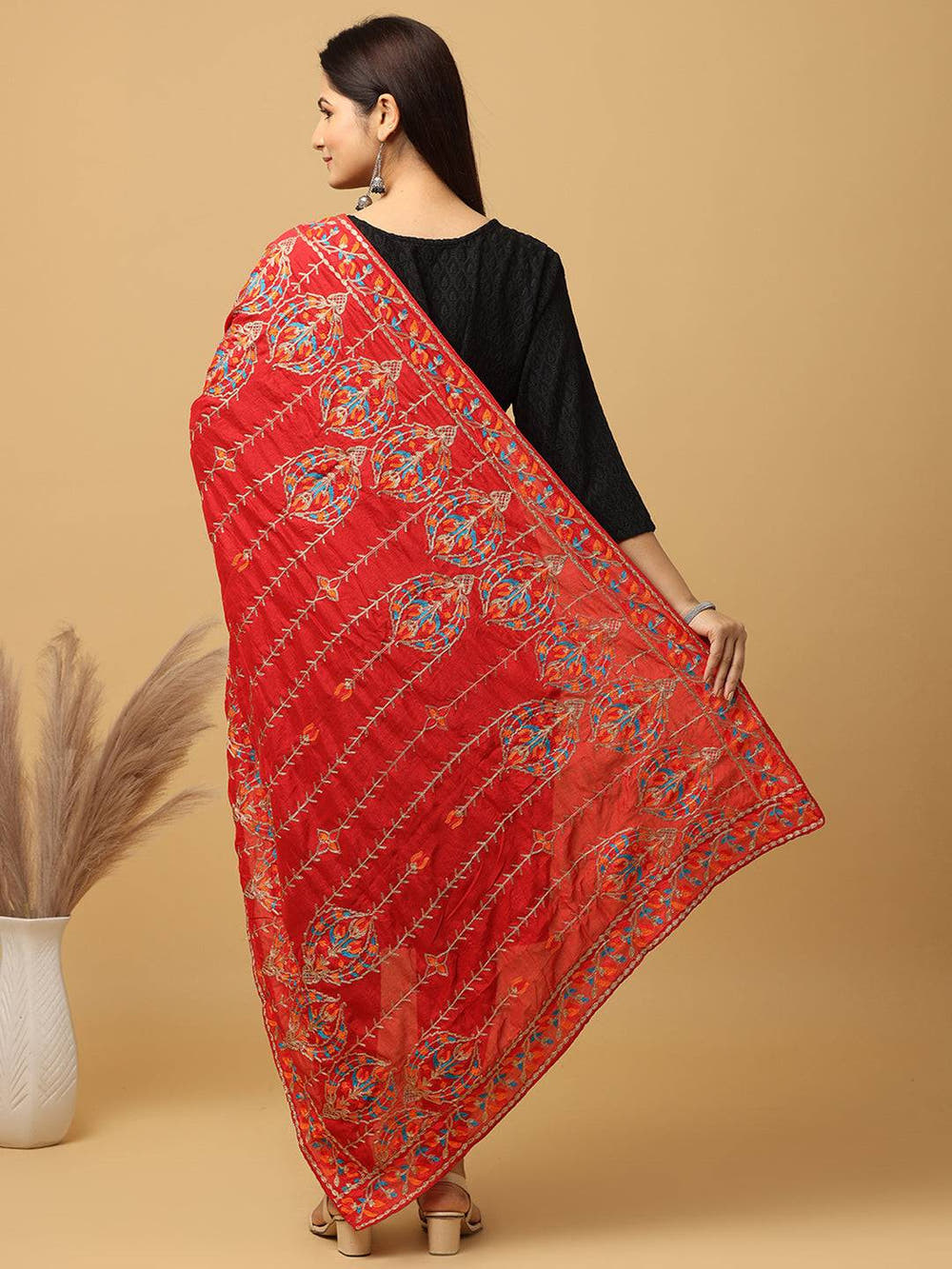 Red Silver Floral Band Pashmina Dupatta