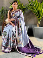 Lavender Colour Satin Kota Doria Digital Kalamkari Zari Pallu