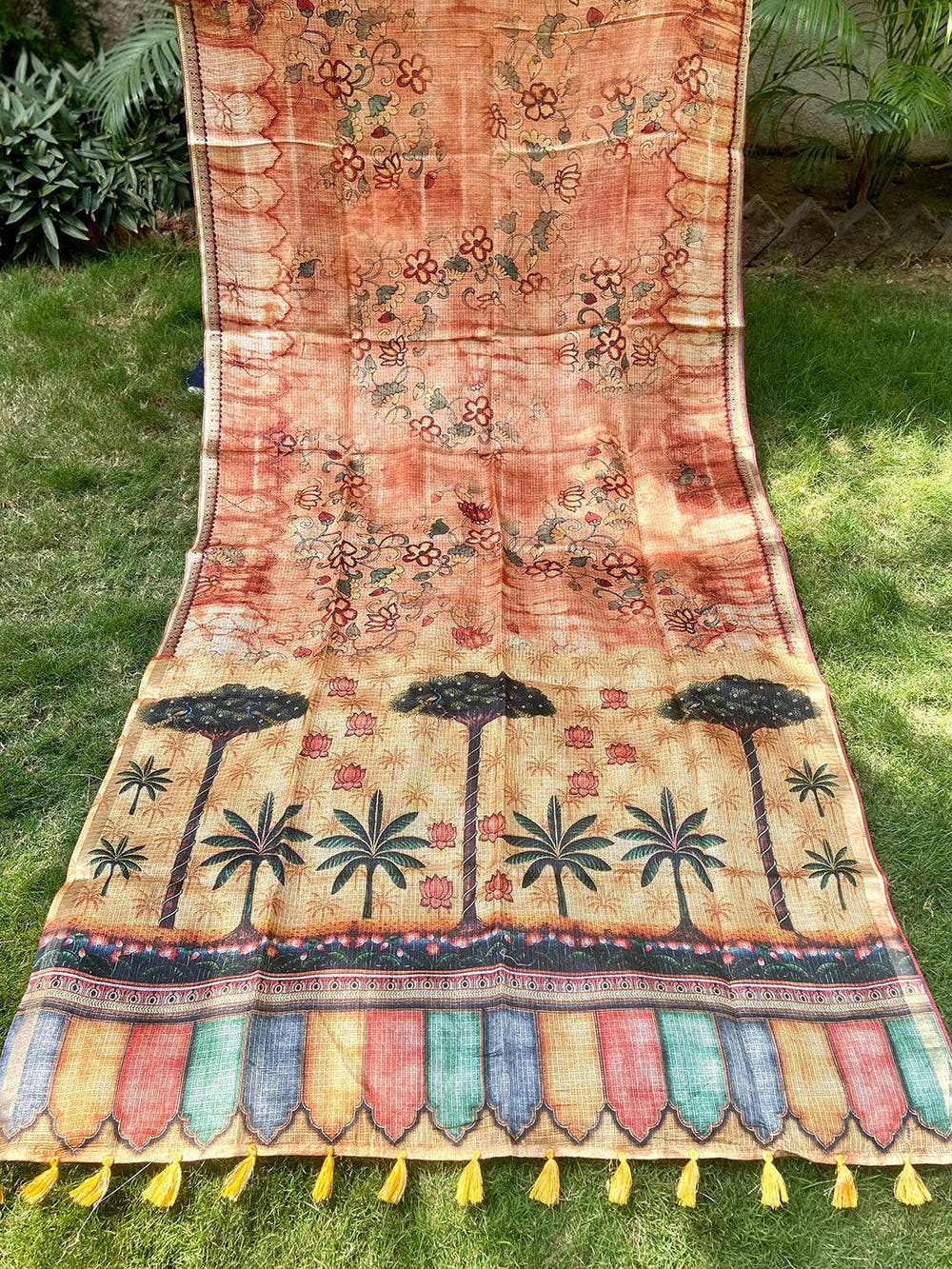Orange Kota Doriya Silk Saree With Floral Print