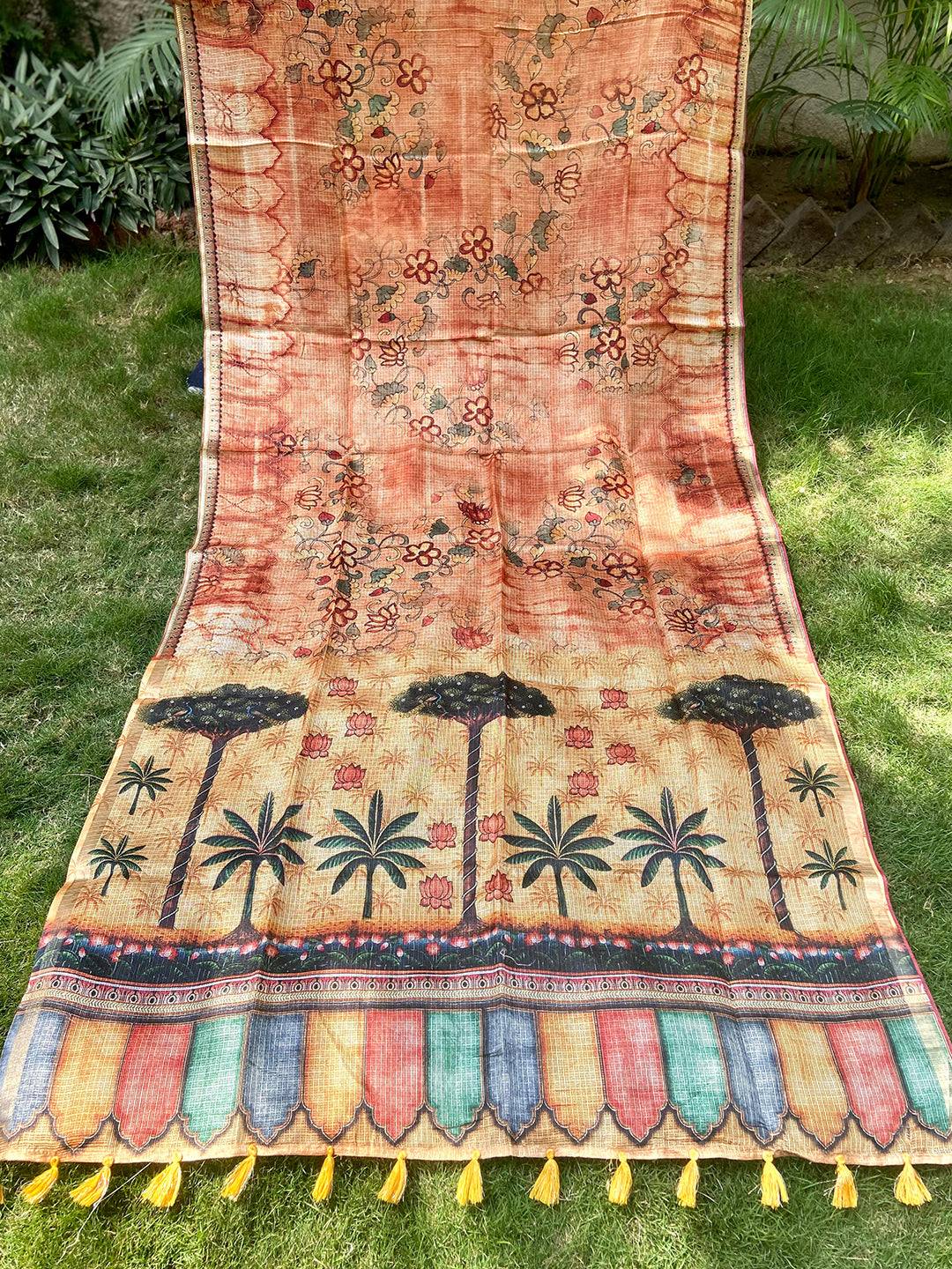 Orange Kota Doriya Silk Saree With Floral Print