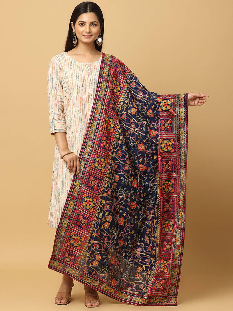 Navy Floral Border Pashmina Dupatta