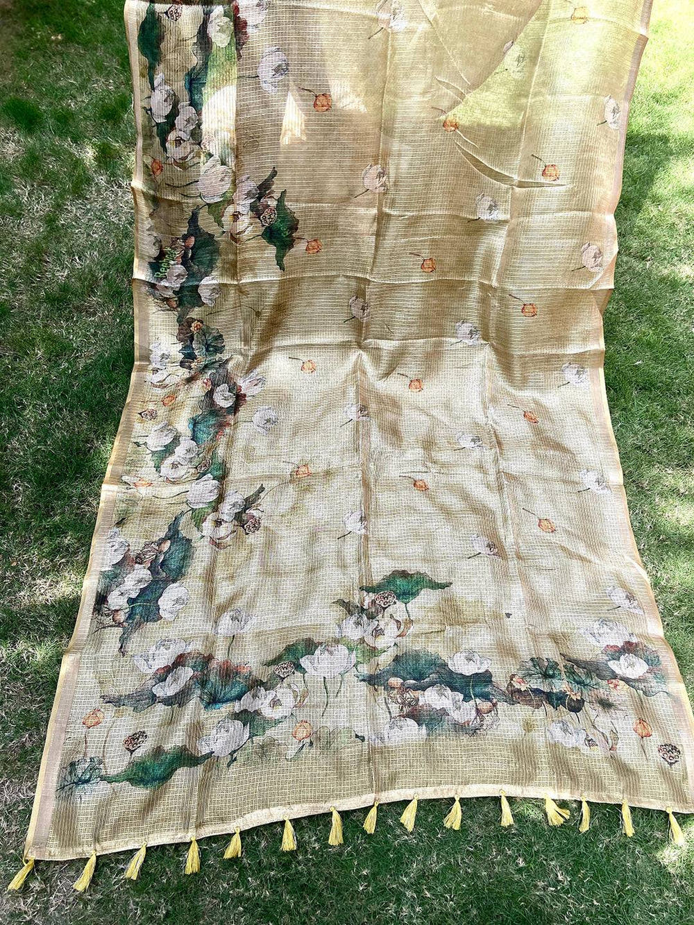 Bollywood Cream Soft Kota Doriya Silk Saree With Flower Print