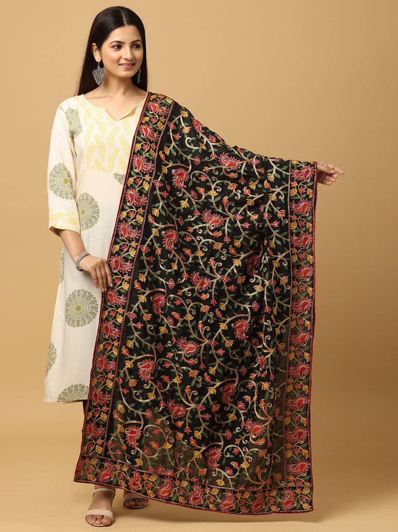 Black Delicate Floral Vine Pashmina Dupatta