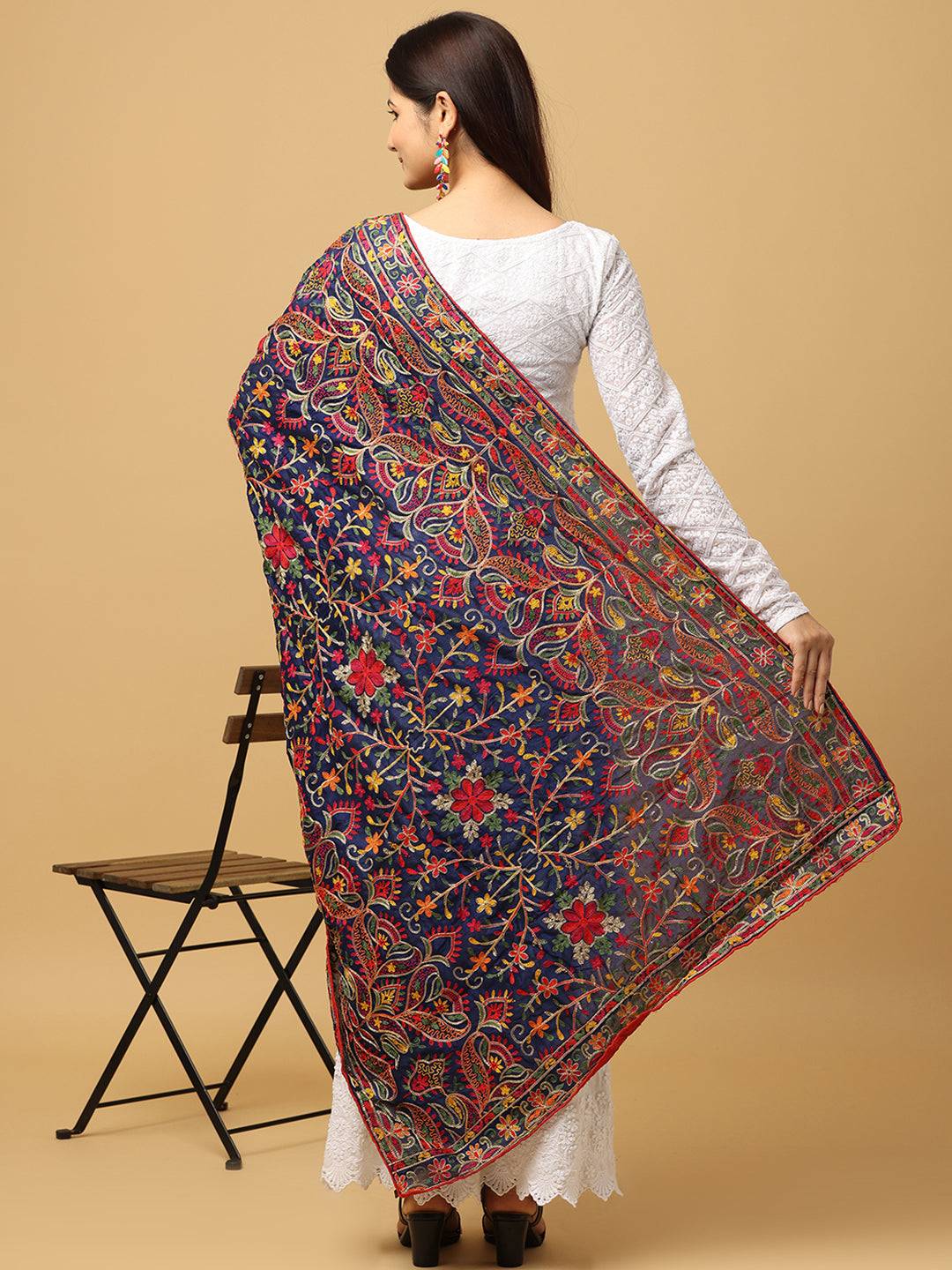 Navy Deep Multicolour Floral Pashmina Dupatta