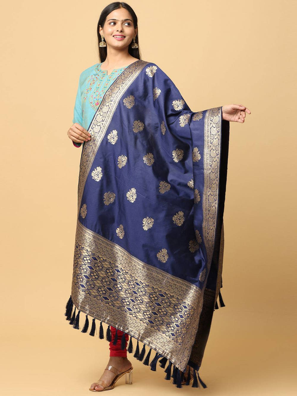 Navy Silk Blend Woven Design Dupatta